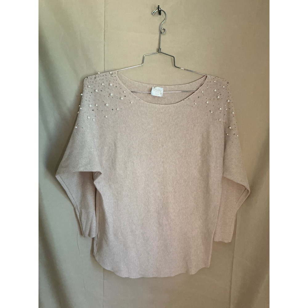 Socialite Embellished Pearl Rhinestone Sweater Womens Large Beige Excellent Boat
